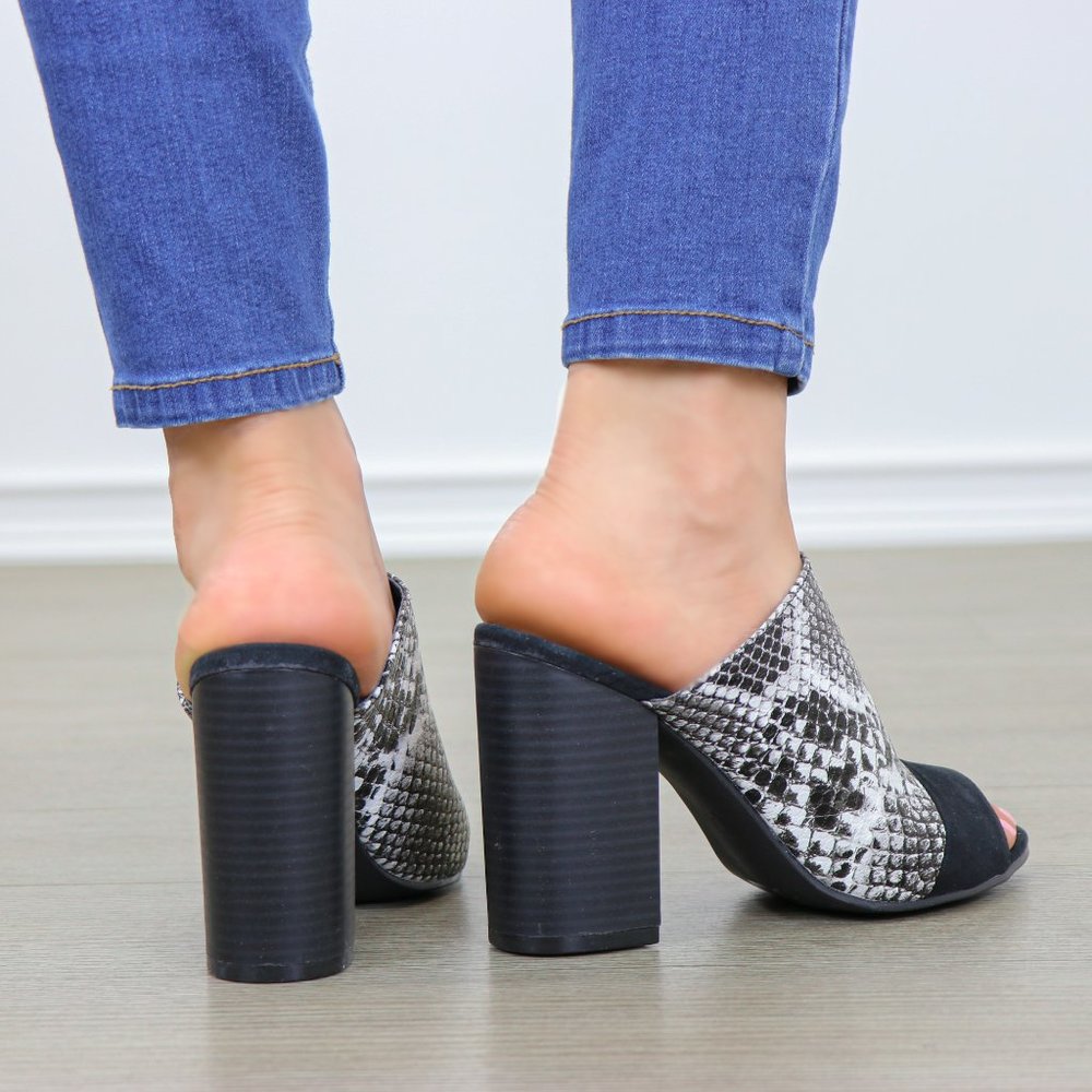 Snake Print Open Toe Slip on Chunky High Heel - Picture 7 of 7